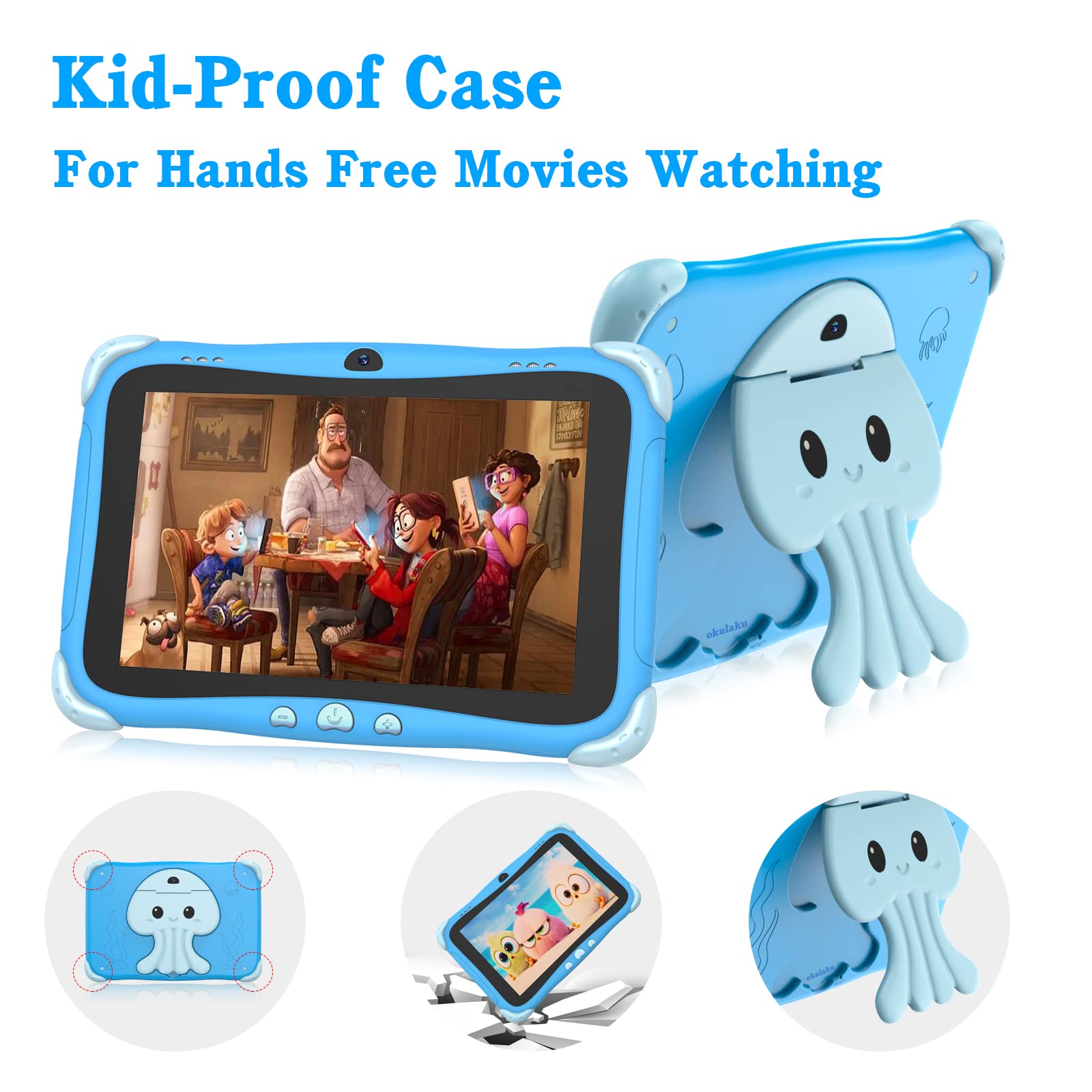 Kids Tablet 8 inch Android Toddler Tablet 2GB 64GB Tablet for Kids App Parent Control Kids Learning Tablet WiFi Dual Camera With Shockproof Case, Netflix, YouTube, for Boys Girls, ages 3-16, Blue
