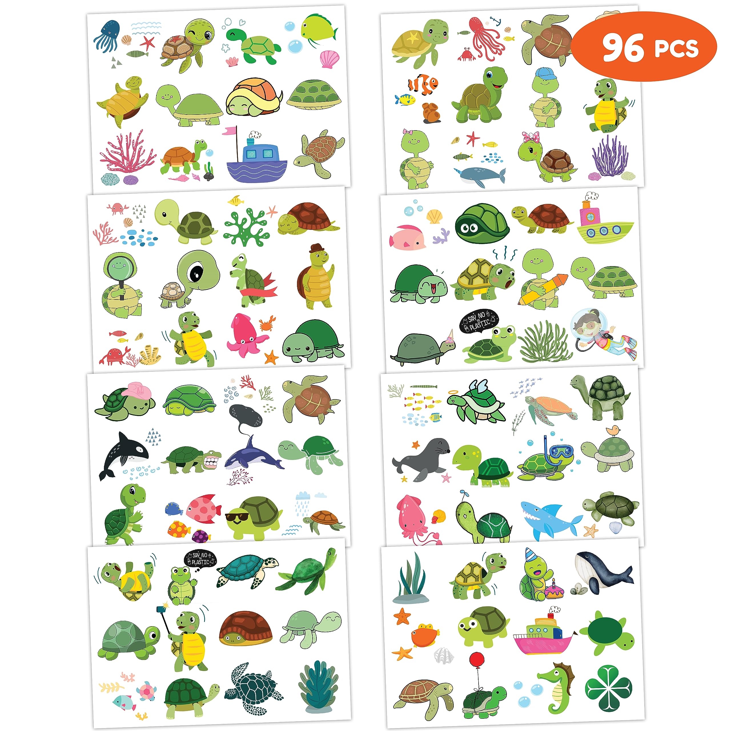 8 Sheets (96PCS) Sea Turtle Temporary Tattoos Tattoo Stickers Ocean Theme Birthday Party Decor Supplies Decorations Favors For Boys Girls Gifts Classroom School Prizes Rewards