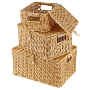 hipiw resin woven baskets bin with lid & handle - set of 3 rectangular shelf baskets multipurpose storage basket boxes home decorative container for closet shelf organizing, large size