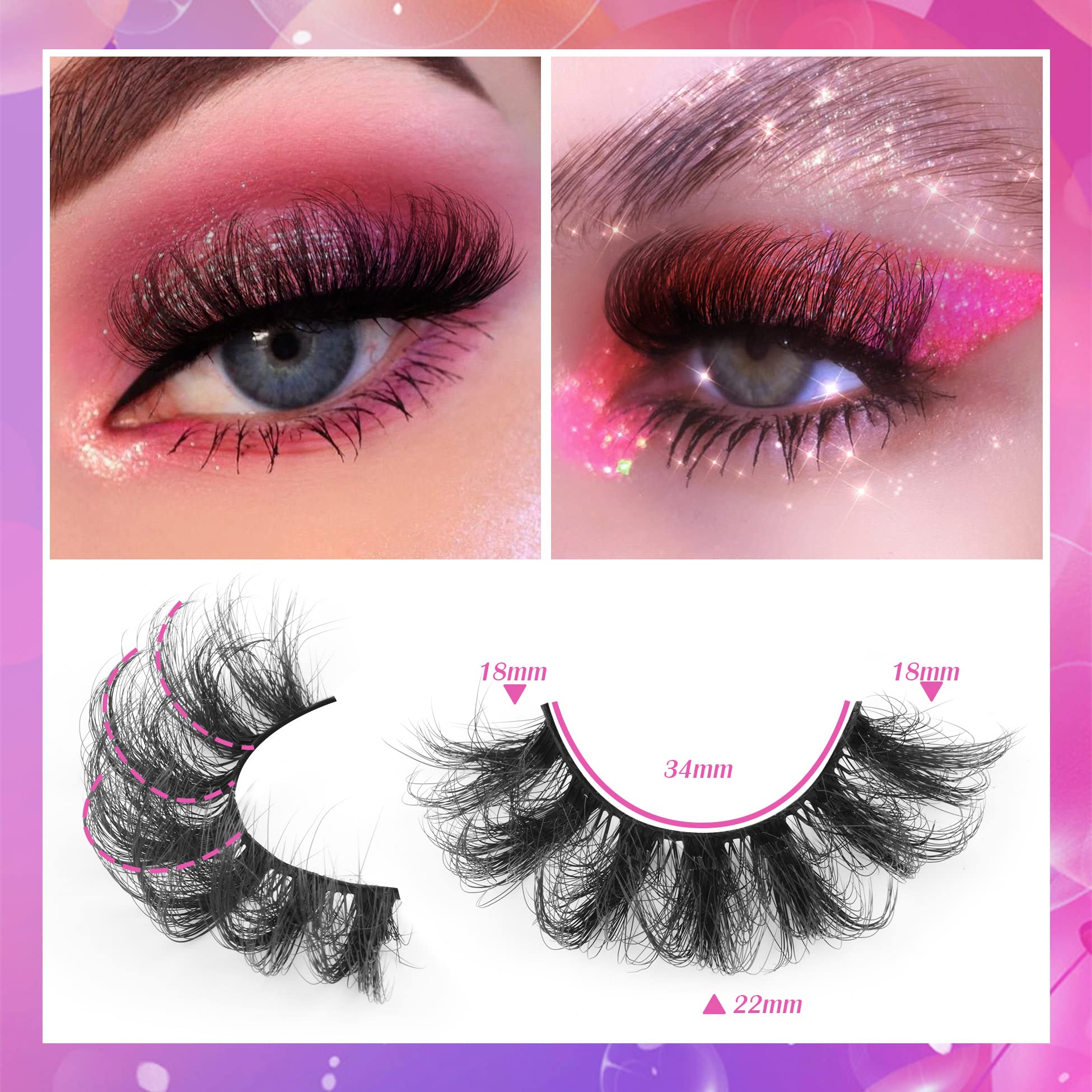 Fales Eyelashes Fluffy Lashes Mink D Curl Strip Lashes Wispy Dramatic Long Thick Fake Eye Lashes Pack 7 Pairs