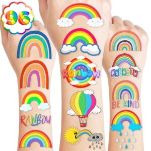 8 sheets (96pcs) rainbow temporary tattoos theme birthday party decorations supplies party favors decor tattoo stickers for kids girls boys gifts classroom school prizes rewards