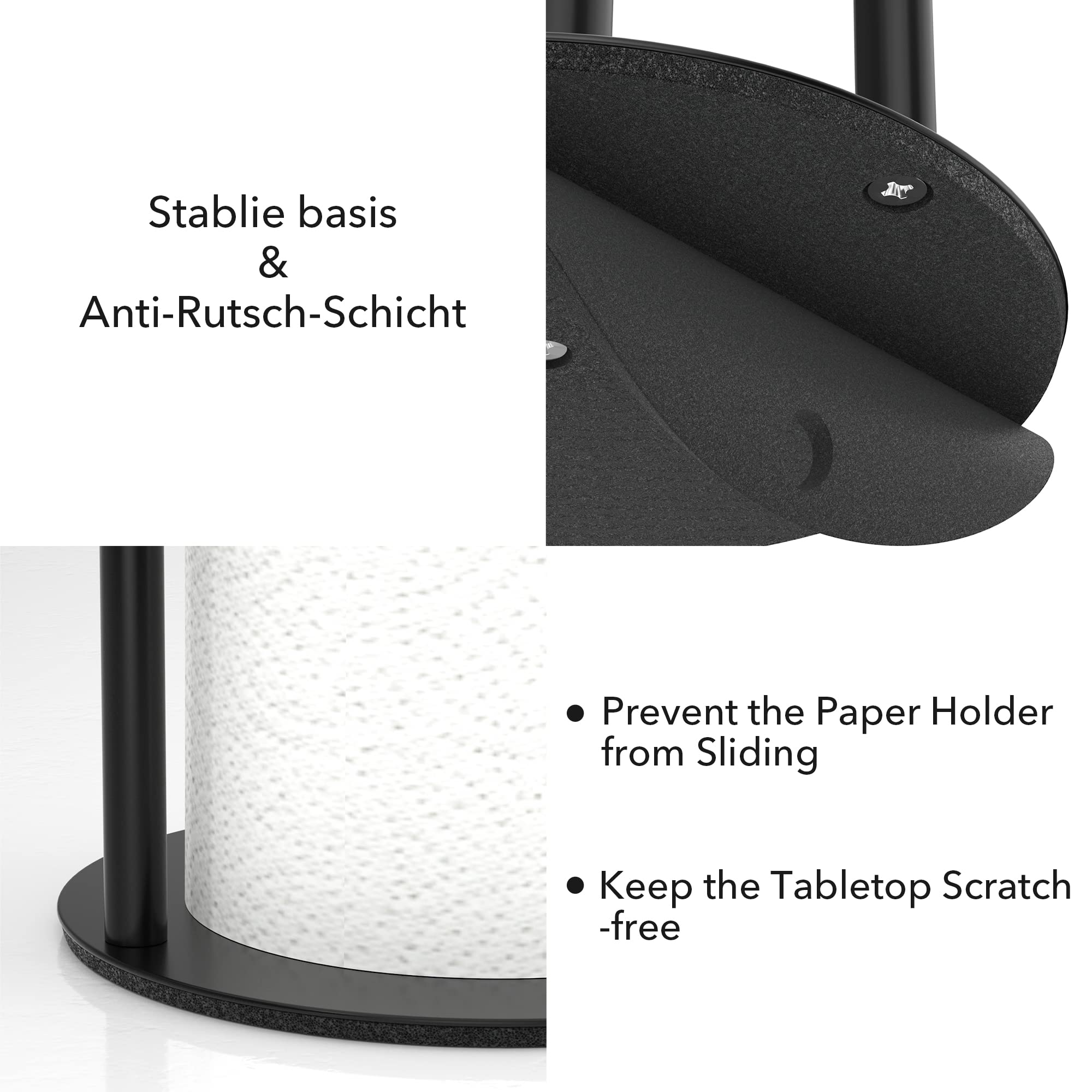 Black Paper Towel Holder Countertop - Free Standing Paper Towel Holder Stand for Kitchen Rolls, Non Slip Paper Towel Roll Holder, Modern Kitchen Countertop Organizer Fits Most Size Paper Roll