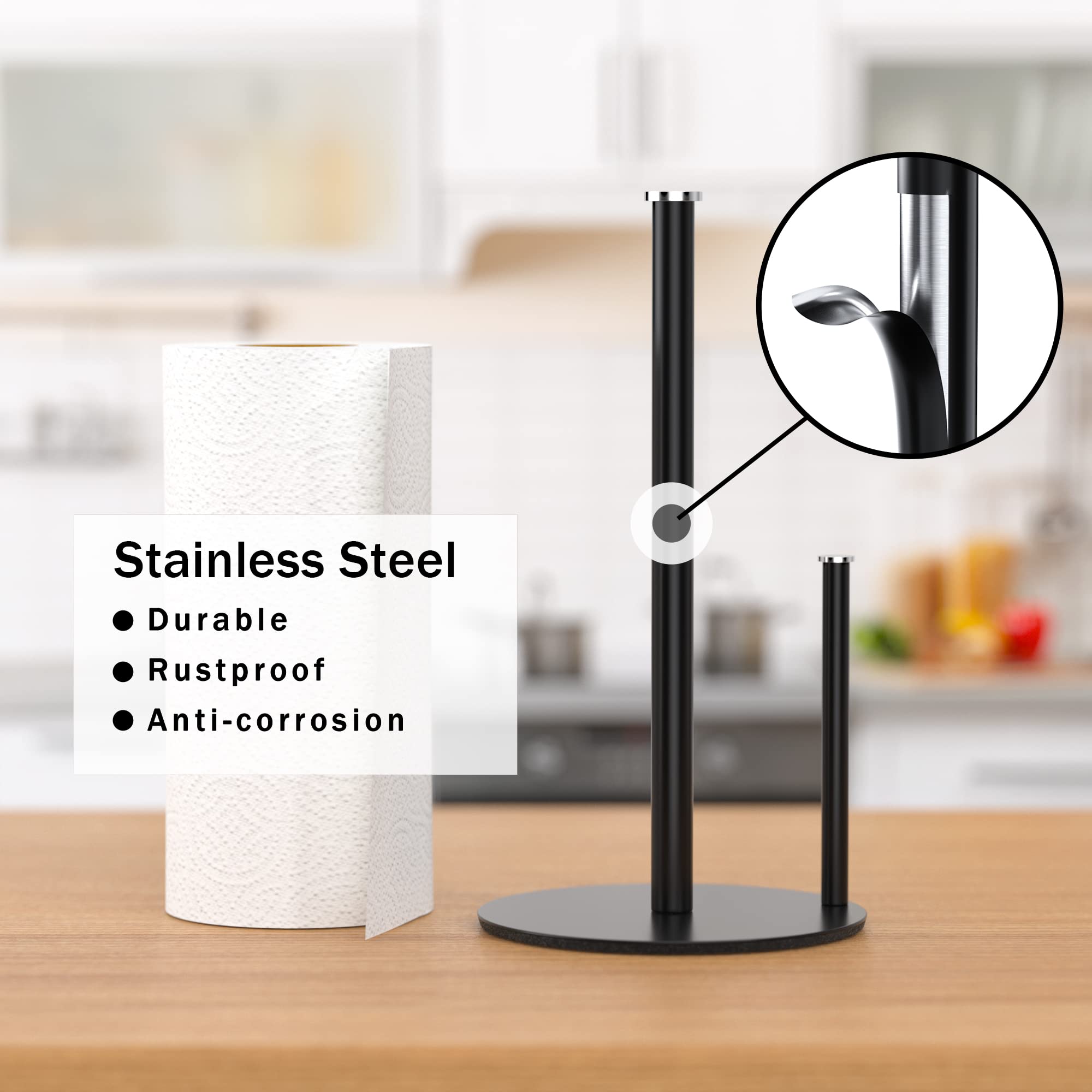 Black Paper Towel Holder Countertop - Free Standing Paper Towel Holder Stand for Kitchen Rolls, Non Slip Paper Towel Roll Holder, Modern Kitchen Countertop Organizer Fits Most Size Paper Roll