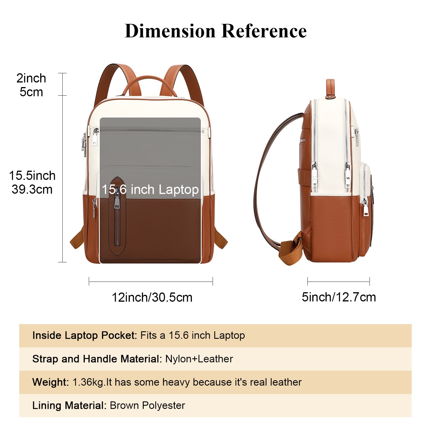 ALTOSY Genuine Leather Backpack Purse for Women Convertible Shoulder Bag Large Laptop Backpack Fits 14 Inch(S114 Brown/White)