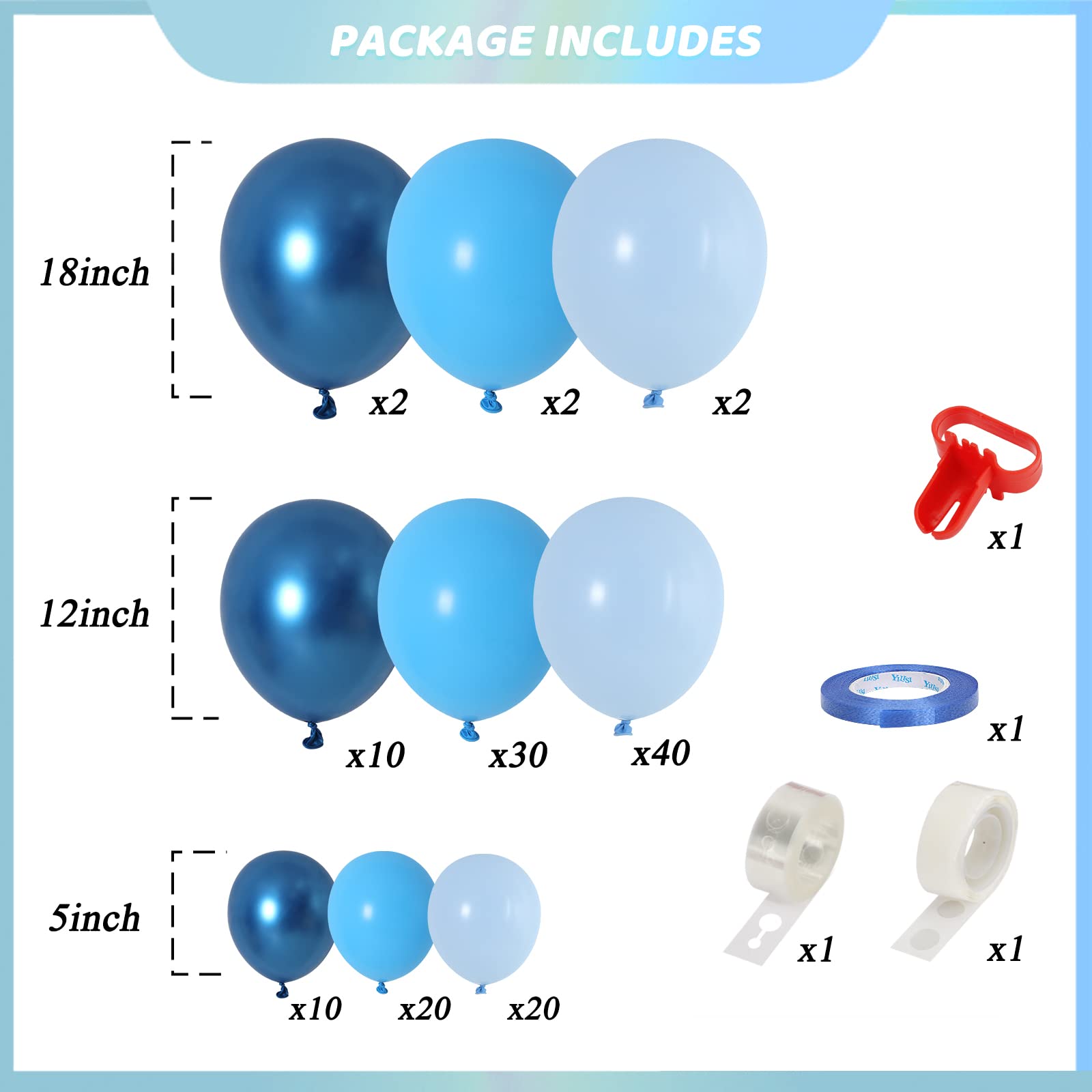 RUBFAC 136pcs Blue Balloon Garland Arch Kit, Different Sizes 5 12 18 Inch Pastel Blue Baby Blue Metallic Blue Balloons for Wedding Birthday Graduation Boy’s Baby Shower Gender Reveal Party Decoration