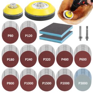 pomsare 120pcs 3inch sanding discs with 2 & 3inch backer pads and sanding sponge sander for drill grinder rotary tools attachment with 1/4" shanks, sanding pads 80-3000 grit