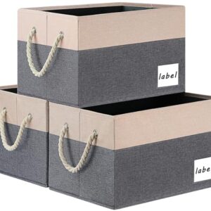 ASXSONN Extra Large Storage Bins, Foldable Storage Baskets for Shelves, Closet Storage Bins with Label & Cotton Rope Handles (3 Pack, 15.75"x11.8"x10.2", Grey&Beige)