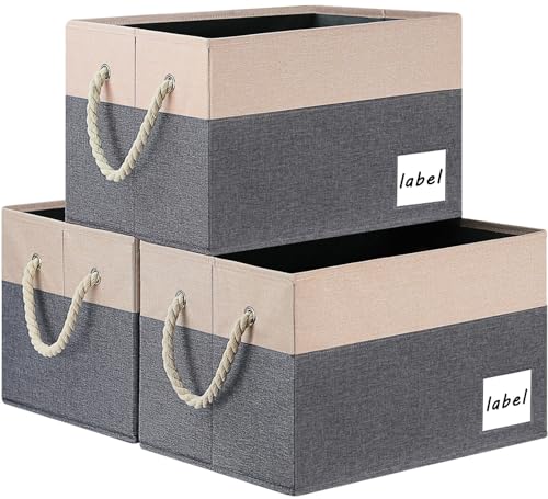 ASXSONN Extra Large Storage Bins, Foldable Storage Baskets for Shelves, Closet Storage Bins with Label & Cotton Rope Handles (3 Pack, 15.75"x11.8"x10.2", Grey&Beige)