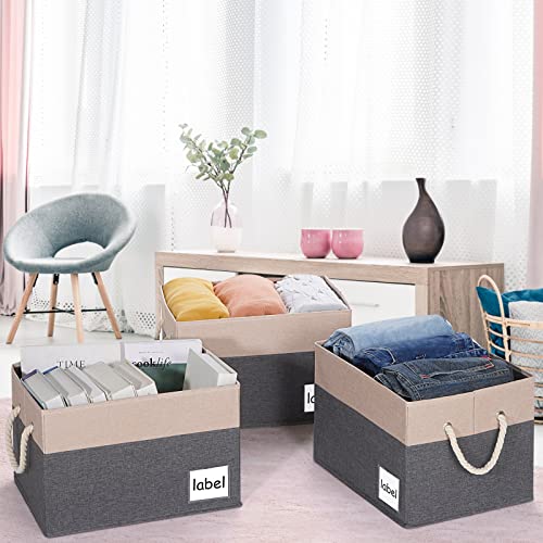 ASXSONN Extra Large Storage Bins, Foldable Storage Baskets for Shelves, Closet Storage Bins with Label & Cotton Rope Handles (3 Pack, 15.75"x11.8"x10.2", Grey&Beige)