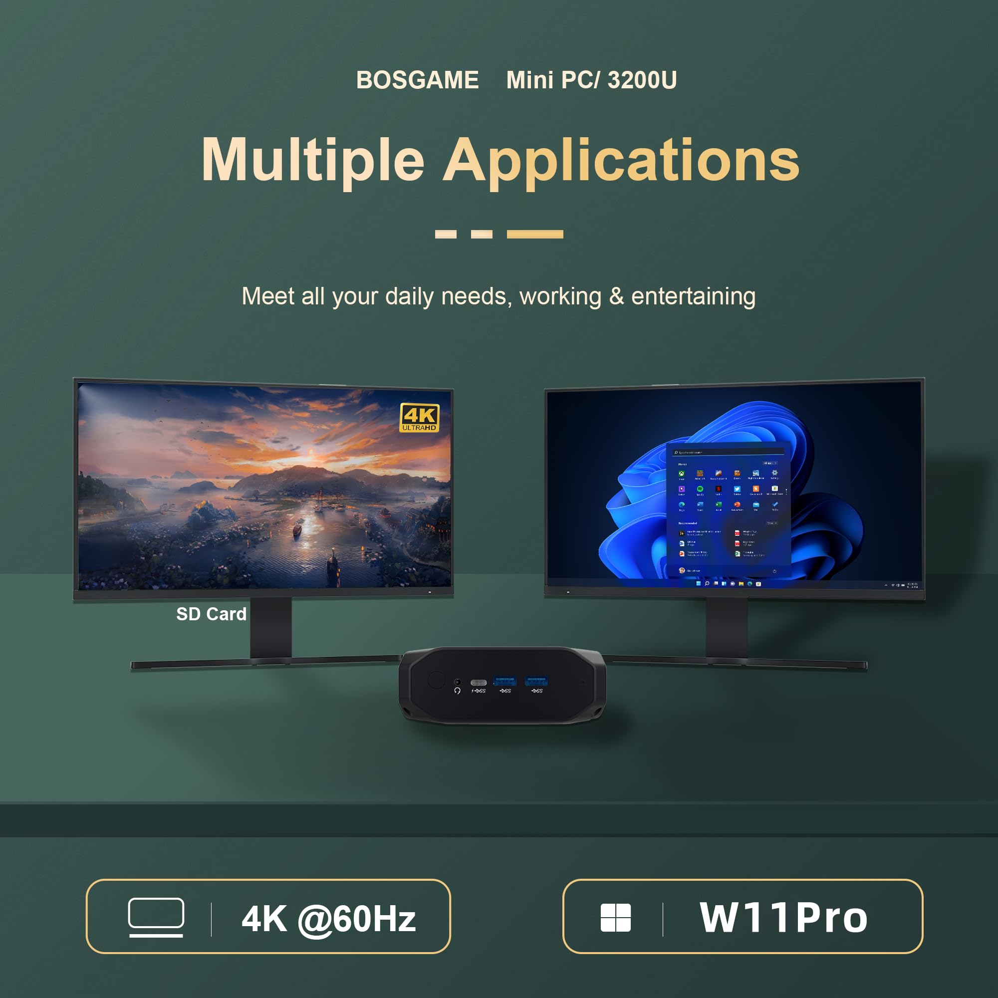 BOSGAME Mini PC AMD Ryzen 3 3200U(up to 3.5Ghz), Mini Computers W11 Pro 8GB DDR4 RAM 256GB NVMe SSD, Mini Desktop PC 4K@60Hz Dual HDMI/Type-C/WiFi 5 /BT 4.2