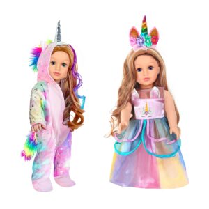 wondoll 2-sets 18-inch doll-clothes set - unicorn clothes with hair clip and headband - compatible with all 18 inch dolls accessories for kids -pink