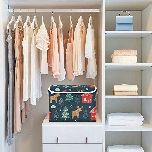 Forest Design for Winter Holidays Large Foldable Storage Boxes with Lid, Fabric Collapsible Storage Bin Closet Organizer, Storage Box with Handles for Clothes Storage, Toys Storage, Room Organization