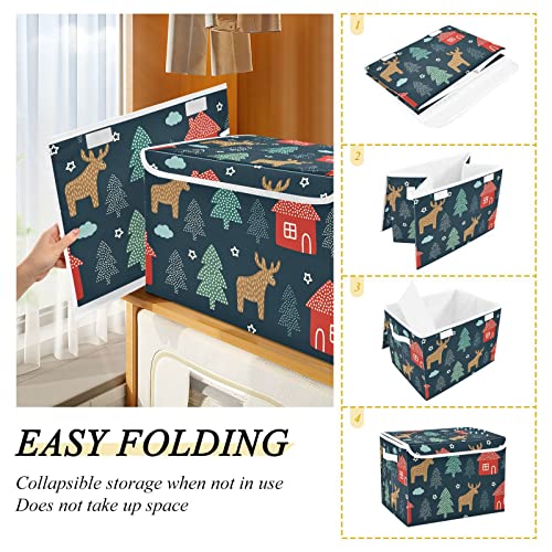 Forest Design for Winter Holidays Large Foldable Storage Boxes with Lid, Fabric Collapsible Storage Bin Closet Organizer, Storage Box with Handles for Clothes Storage, Toys Storage, Room Organization