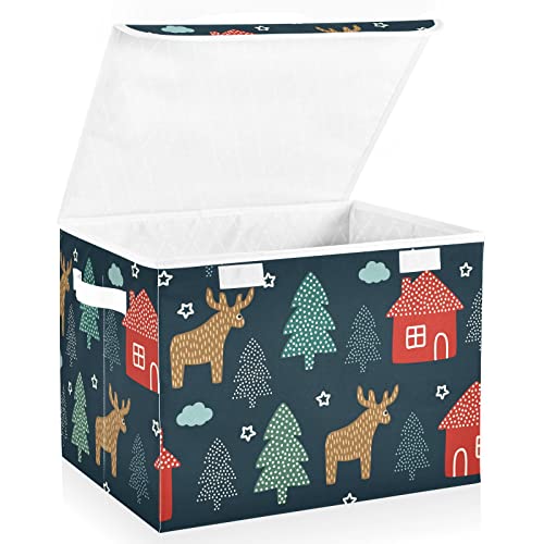 Forest Design for Winter Holidays Large Foldable Storage Boxes with Lid, Fabric Collapsible Storage Bin Closet Organizer, Storage Box with Handles for Clothes Storage, Toys Storage, Room Organization