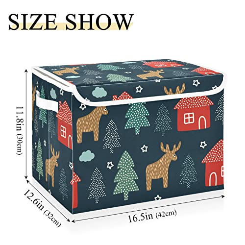 Forest Design for Winter Holidays Large Foldable Storage Boxes with Lid, Fabric Collapsible Storage Bin Closet Organizer, Storage Box with Handles for Clothes Storage, Toys Storage, Room Organization