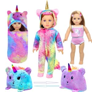 wondoll 18-inch-doll-clothes and unicorn reversible-doll-sleeping-bag set with headband compatible with all 18-inch dolls accessories for kids