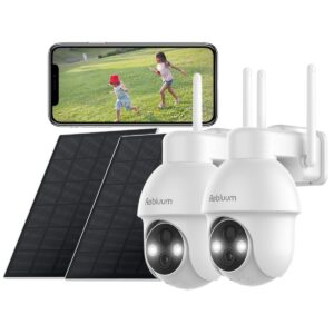 【2k】 solar powered security cameras wireless outdoor, 2 pack, pan tilt 360°wifi camera with color night vision/pir sensor/2-way audio/alexa/google assistant
