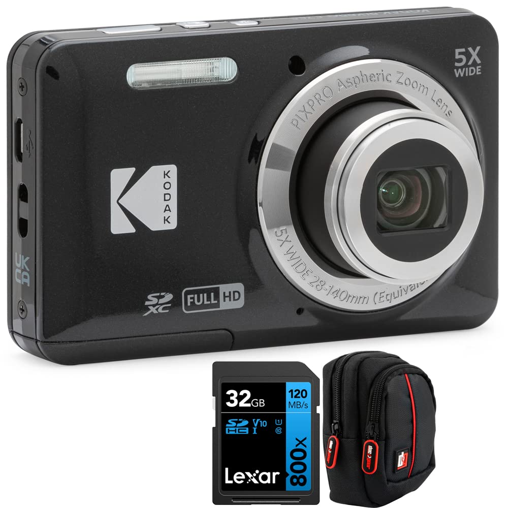 Kodak PIXPRO FZ55 Digital Camera, Black Bundle with Lexar 32GB High-Performance 800x UHS-I SDHC Memory Card + Deco Photo Point and Shoot Field Bag Camera Case