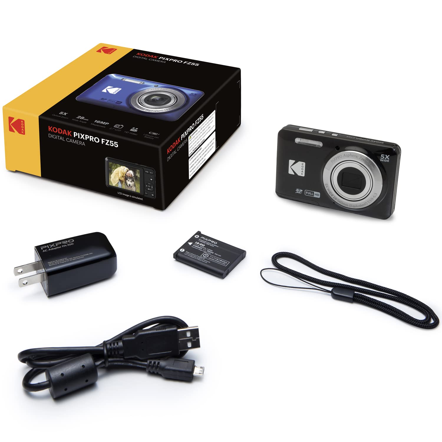 Kodak PIXPRO FZ55 Digital Camera, Black Bundle with Lexar 32GB High-Performance 800x UHS-I SDHC Memory Card + Deco Photo Point and Shoot Field Bag Camera Case