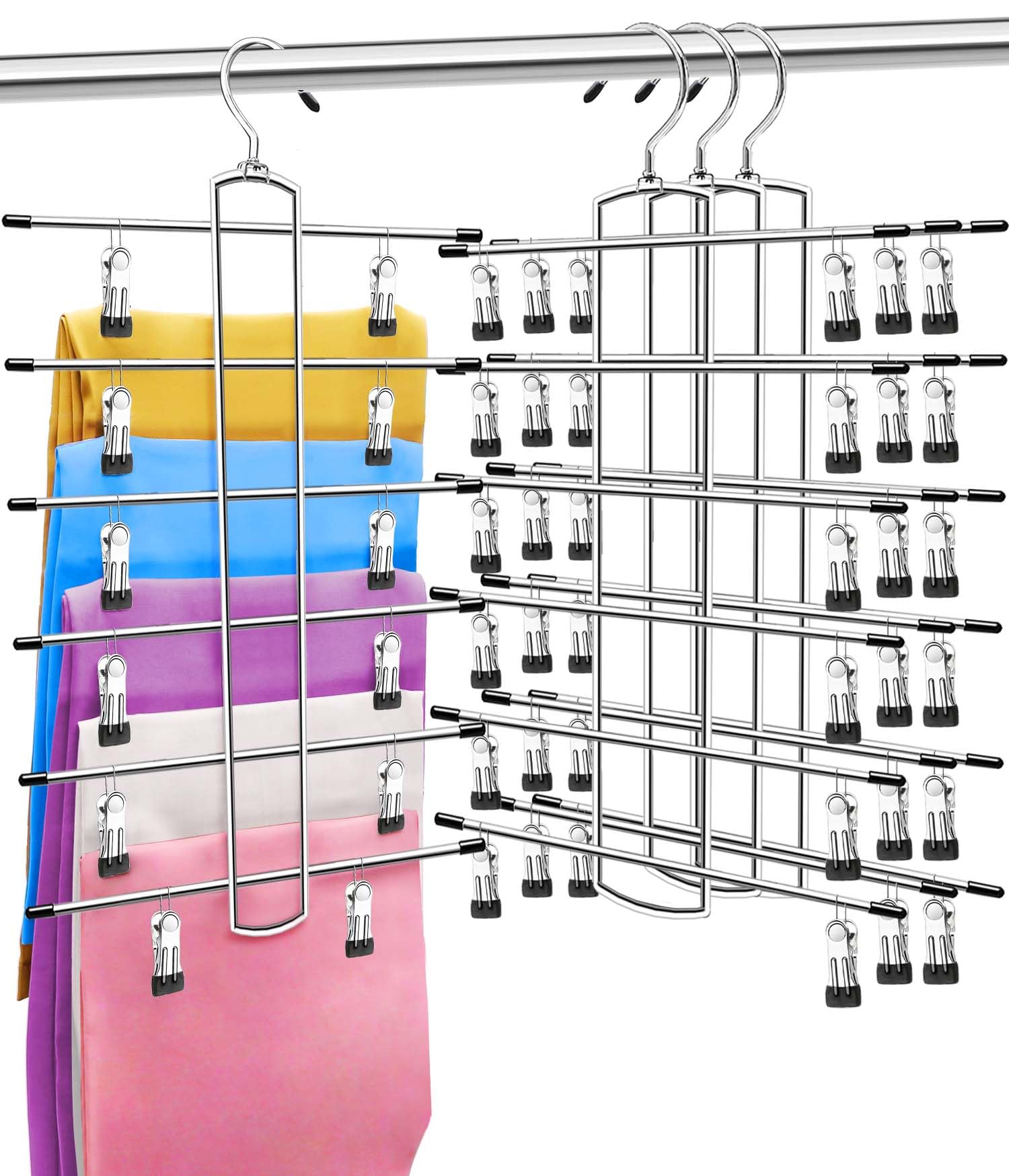 3 Pack Closet-Organizer-Pants-Hangers-Space-Saving,Metal Closet-Organizers-and-Storage,6 Tier Organization and Storage Short Skirt Hangers Cilp,Dorm Room Essentials for College Students Girls Boys Guy