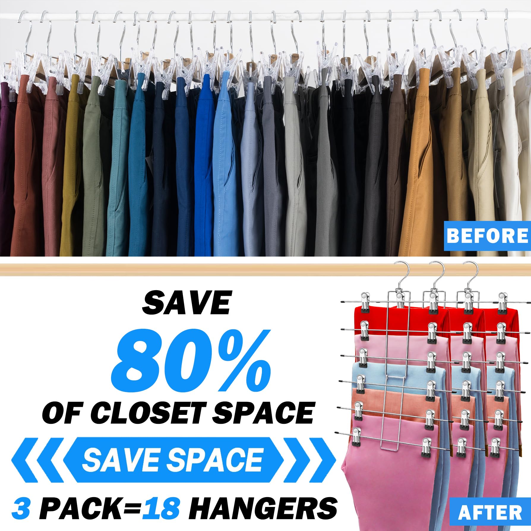 3 Pack Closet-Organizer-Pants-Hangers-Space-Saving,Metal Closet-Organizers-and-Storage,6 Tier Organization and Storage Short Skirt Hangers Cilp,Dorm Room Essentials for College Students Girls Boys Guy