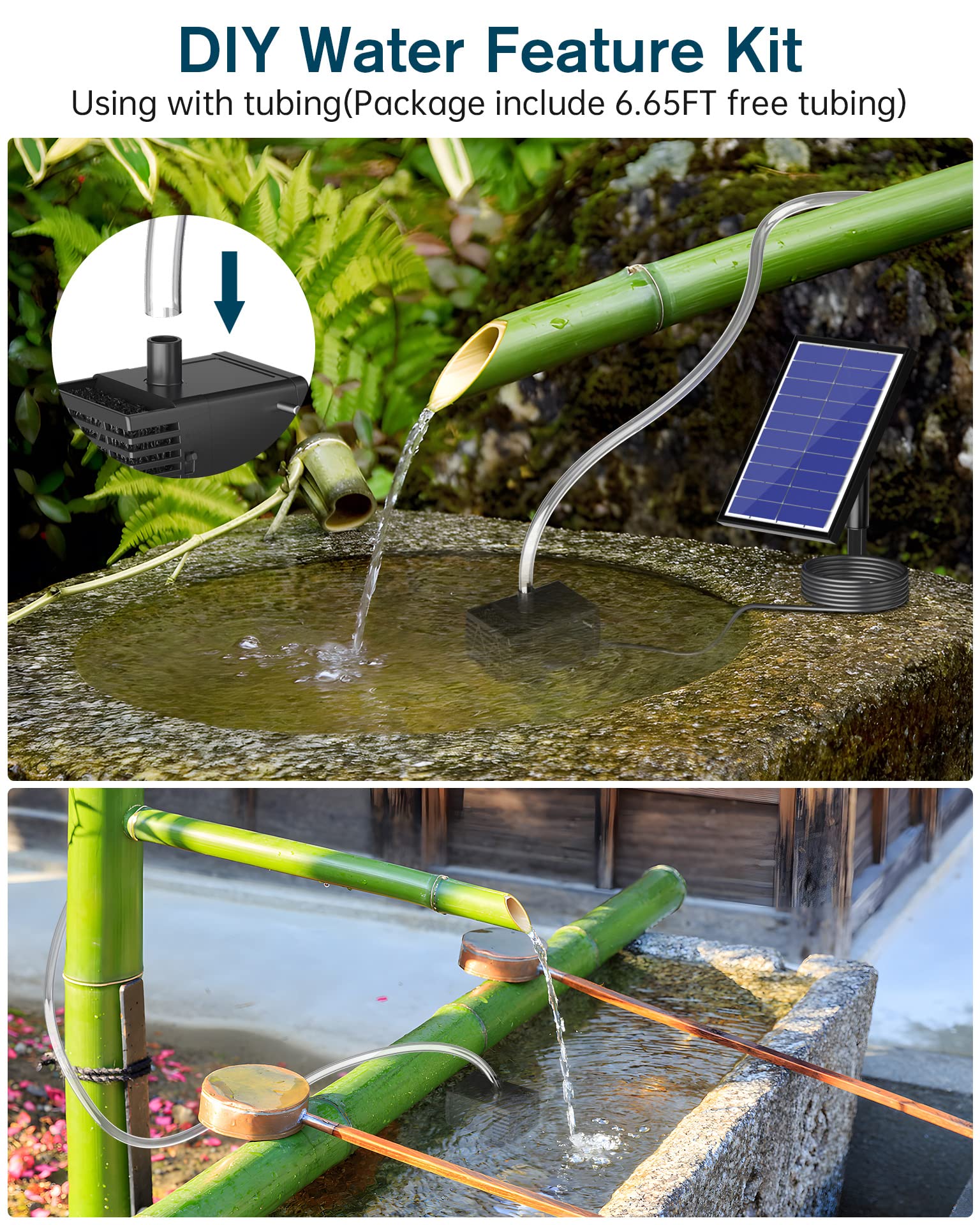 NFESOLAR Solar Water Pump, 5.5W Solar Water Fountain Pump with 1500mAh Battery Backup, 4ft Tubing 16.4ft Cable, 92.5 GPH Solar Pond Pump for Bird Bath Outdoor Ponds Garden Pool Water Feature