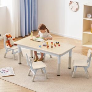 gitawusa kids study table and chairs set, height adjustable toddler table and chair set for kids ages 3-8, graffiti desktop (burlywood - 2)