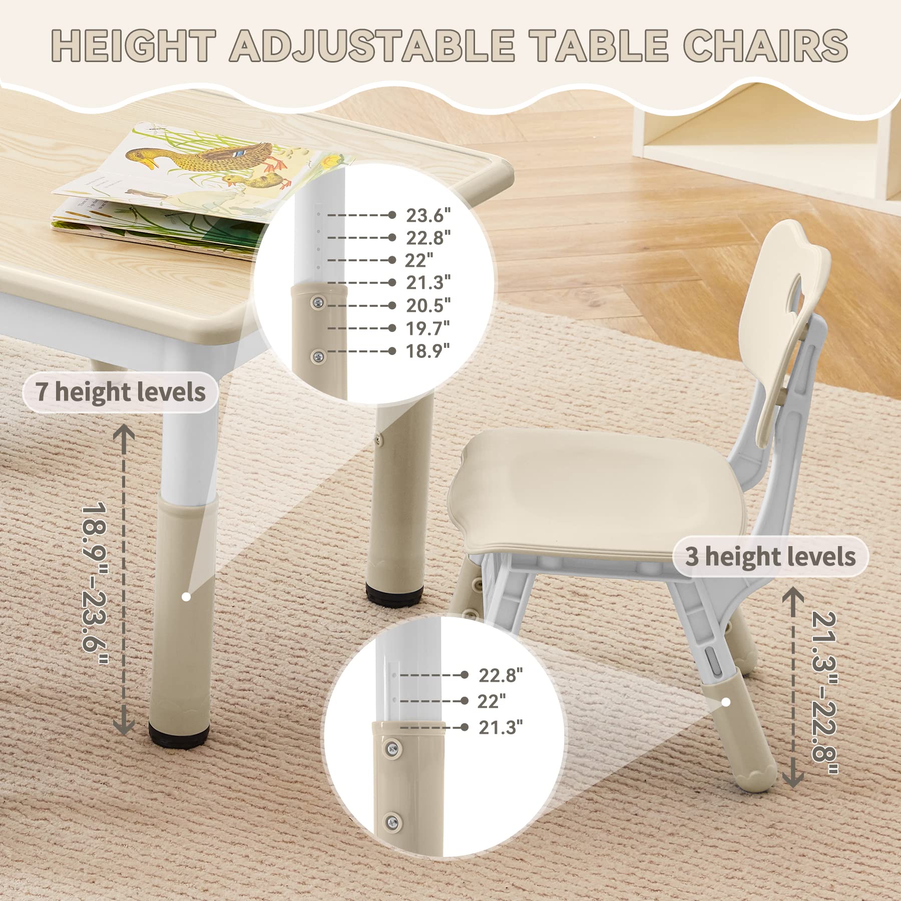 GITAWUSA Kids Study Table and Chairs Set, Height Adjustable Toddler Table and Chair Set for Kids Ages 3-8, Graffiti Desktop (Burlywood - 2)