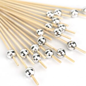 decorwoo 100 pcs cocktail picks, disco ball decorative toothpicks for appetizers, silver cocktail skewers for appetizers, wooden long cocktail picks disco theme for party supplies (4.7 inch, silver)