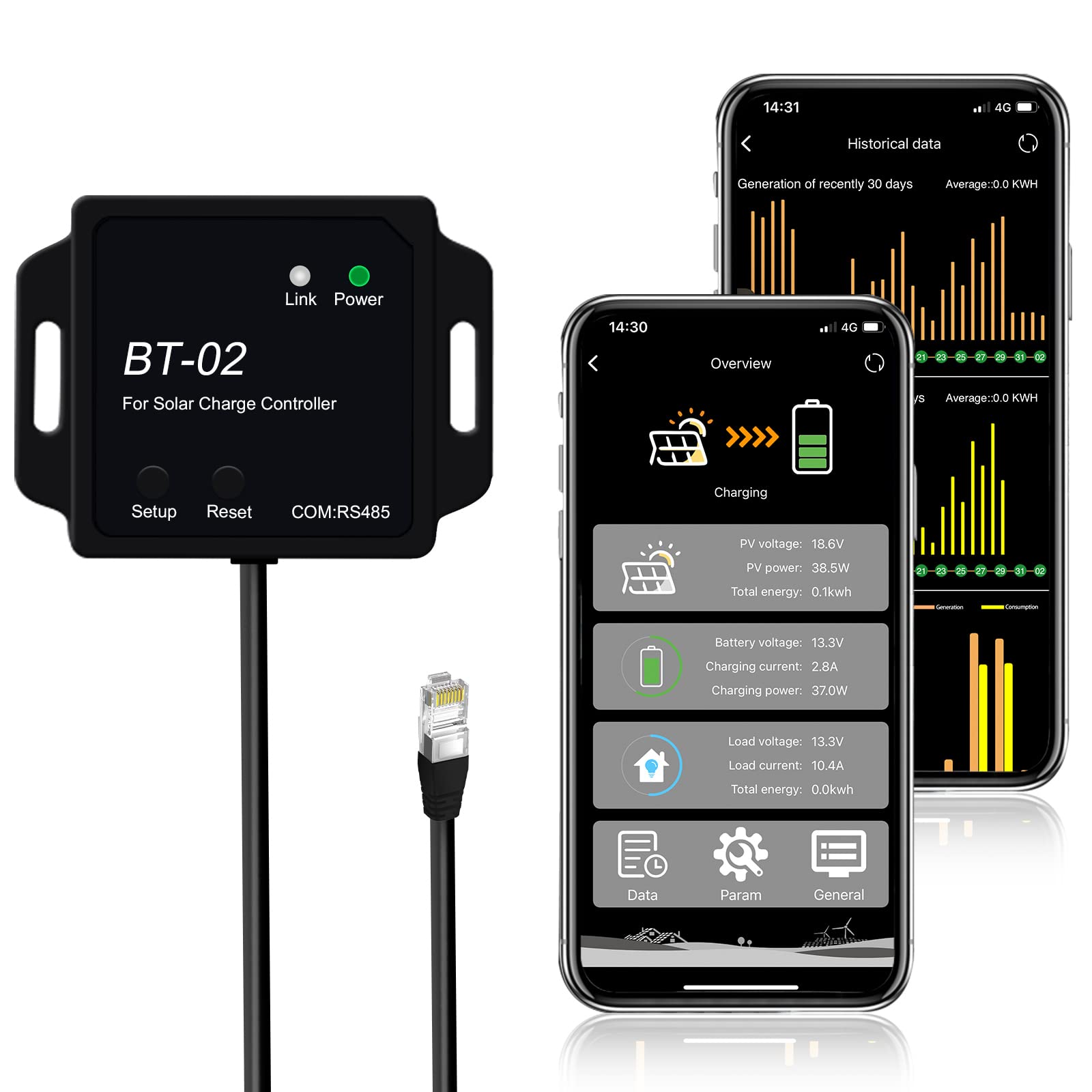 ECO-WORTHY Bluetooth Module 5.0 for MPPT Solar Charge Controller, with 82ft Wirelessly Remote Control, Real-time Monitor and RJ45 Communication Port, BT-02 RS485