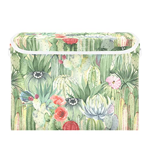 DOMIKING Floral Cactus Succulents Large Storage Bin with Lid Collapsible Shelf Baskets Box with Handles empty gift basket for Nursery Drawer Shelves Cabinet