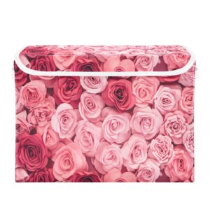 vnurnrn collapsible storage bins with lids, pink roses foldable storage boxes, storage box cube with lid for clothes,bedroom,toys,16.5x12.6x11.8 inch