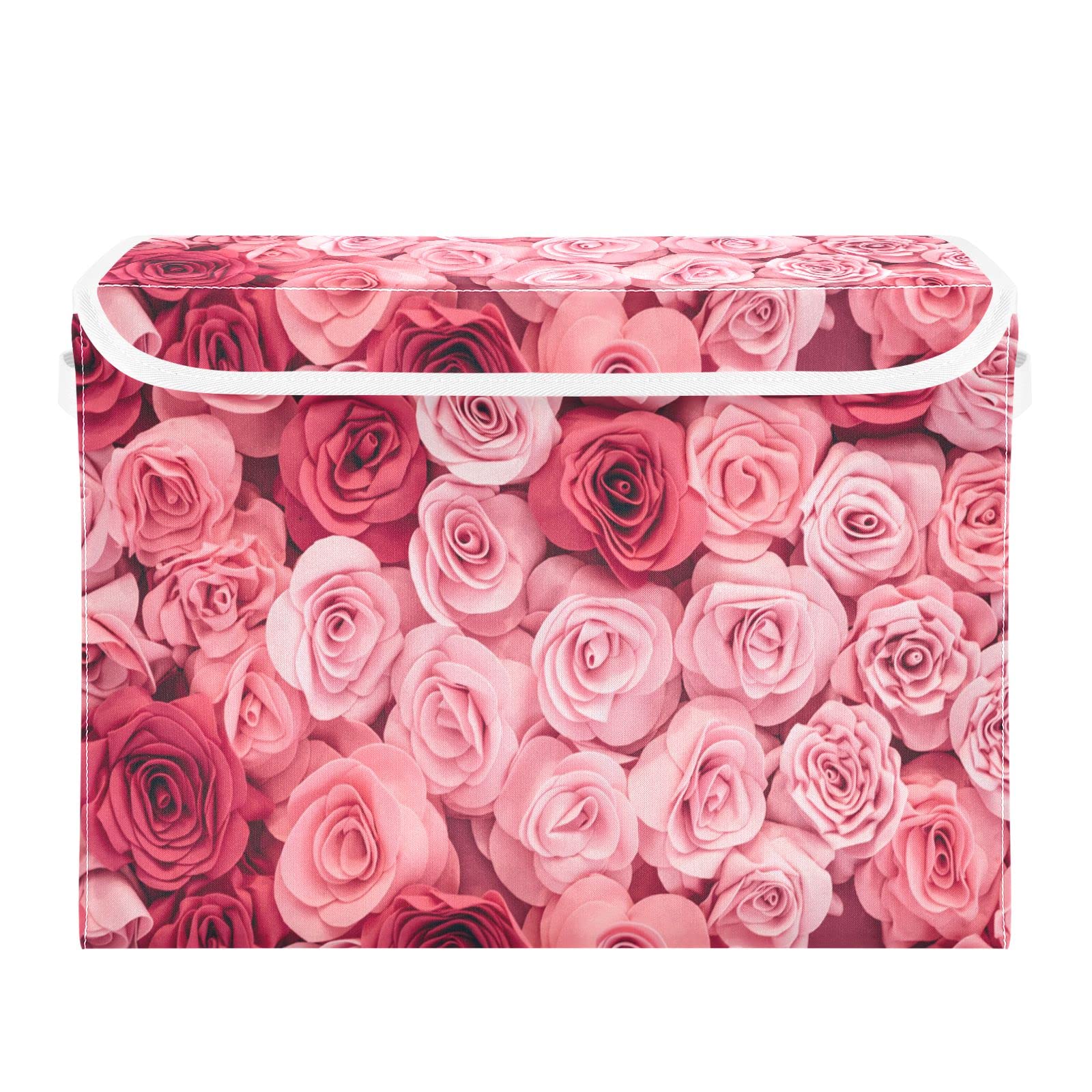 Vnurnrn Collapsible Storage Bins with Lids, Pink Roses Foldable Storage Boxes, Storage Box Cube with Lid for Clothes,Bedroom,Toys,16.5x12.6x11.8 Inch