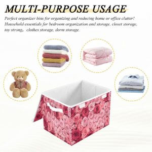 Vnurnrn Collapsible Storage Bins with Lids, Pink Roses Foldable Storage Boxes, Storage Box Cube with Lid for Clothes,Bedroom,Toys,16.5x12.6x11.8 Inch