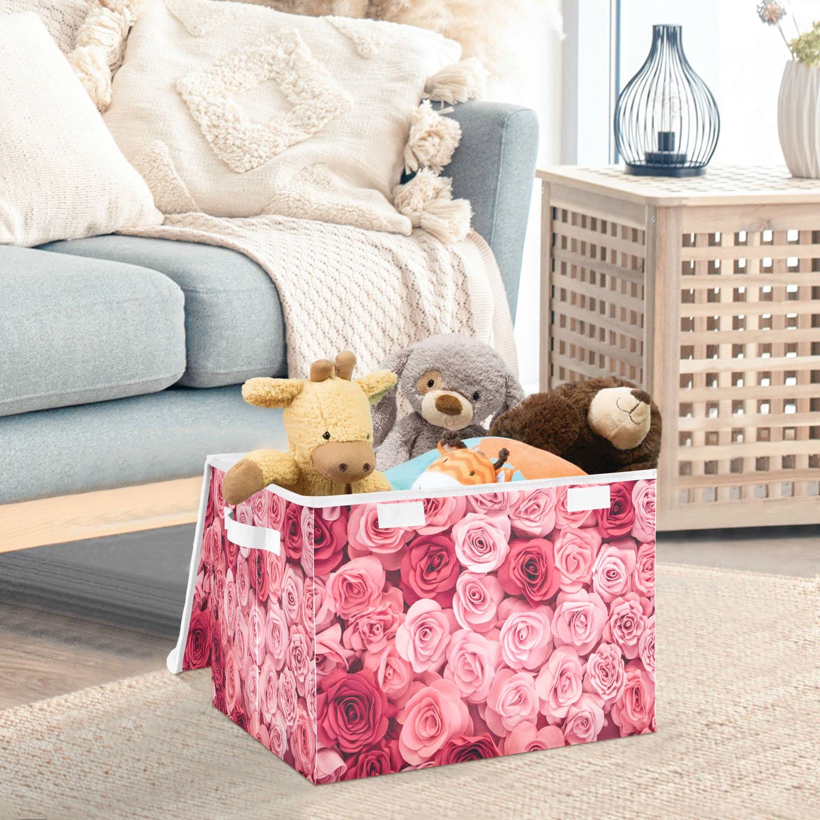 Vnurnrn Collapsible Storage Bins with Lids, Pink Roses Foldable Storage Boxes, Storage Box Cube with Lid for Clothes,Bedroom,Toys,16.5x12.6x11.8 Inch