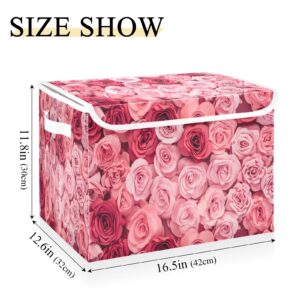 Vnurnrn Collapsible Storage Bins with Lids, Pink Roses Foldable Storage Boxes, Storage Box Cube with Lid for Clothes,Bedroom,Toys,16.5x12.6x11.8 Inch