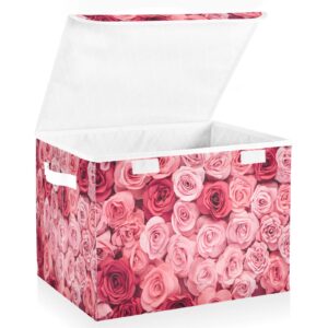 Vnurnrn Collapsible Storage Bins with Lids, Pink Roses Foldable Storage Boxes, Storage Box Cube with Lid for Clothes,Bedroom,Toys,16.5x12.6x11.8 Inch