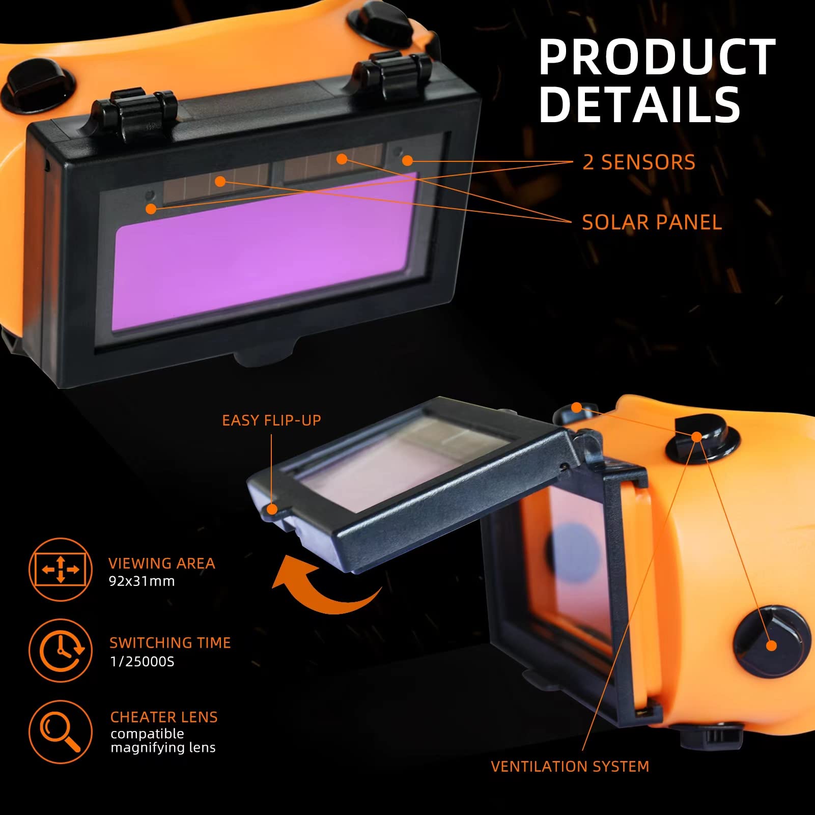 ATEMLEH Welding Goggles Auto Darkening with Flip Up Lens, Solar Welder Goggles Welding Eye Mask with 2 Sensors for TIG MIG MMA Plasma (Orange)