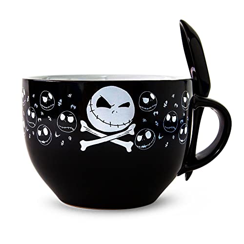 Disney The Nightmare Before Christmas Cross Bones Ceramic Soup Mug Bowl With Spoon | Holds 24 Ounces