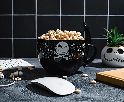 Disney The Nightmare Before Christmas Cross Bones Ceramic Soup Mug Bowl With Spoon | Holds 24 Ounces