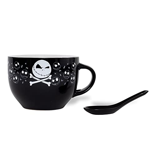 Disney The Nightmare Before Christmas Cross Bones Ceramic Soup Mug Bowl With Spoon | Holds 24 Ounces