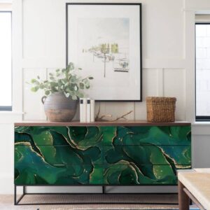 funlife hand-drawn marble pattern peel and stick furniture decals, self-adhesive drawer front stickers for ikea malm dresser, faux glitter gold emerald marble