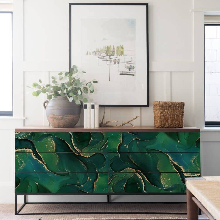 funlife Hand-Drawn Marble Pattern Peel and Stick Furniture Decals, Self-Adhesive Drawer Front Stickers for IKEA MALM Dresser, Faux Glitter Gold Emerald Marble