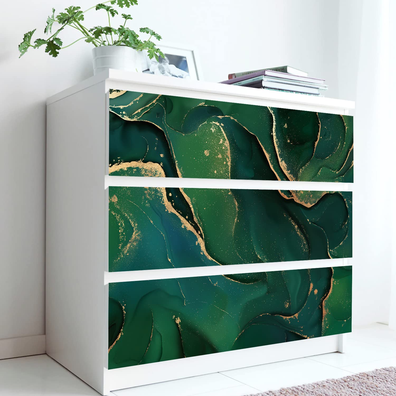 funlife Hand-Drawn Marble Pattern Peel and Stick Furniture Decals, Self-Adhesive Drawer Front Stickers for IKEA MALM Dresser, Faux Glitter Gold Emerald Marble