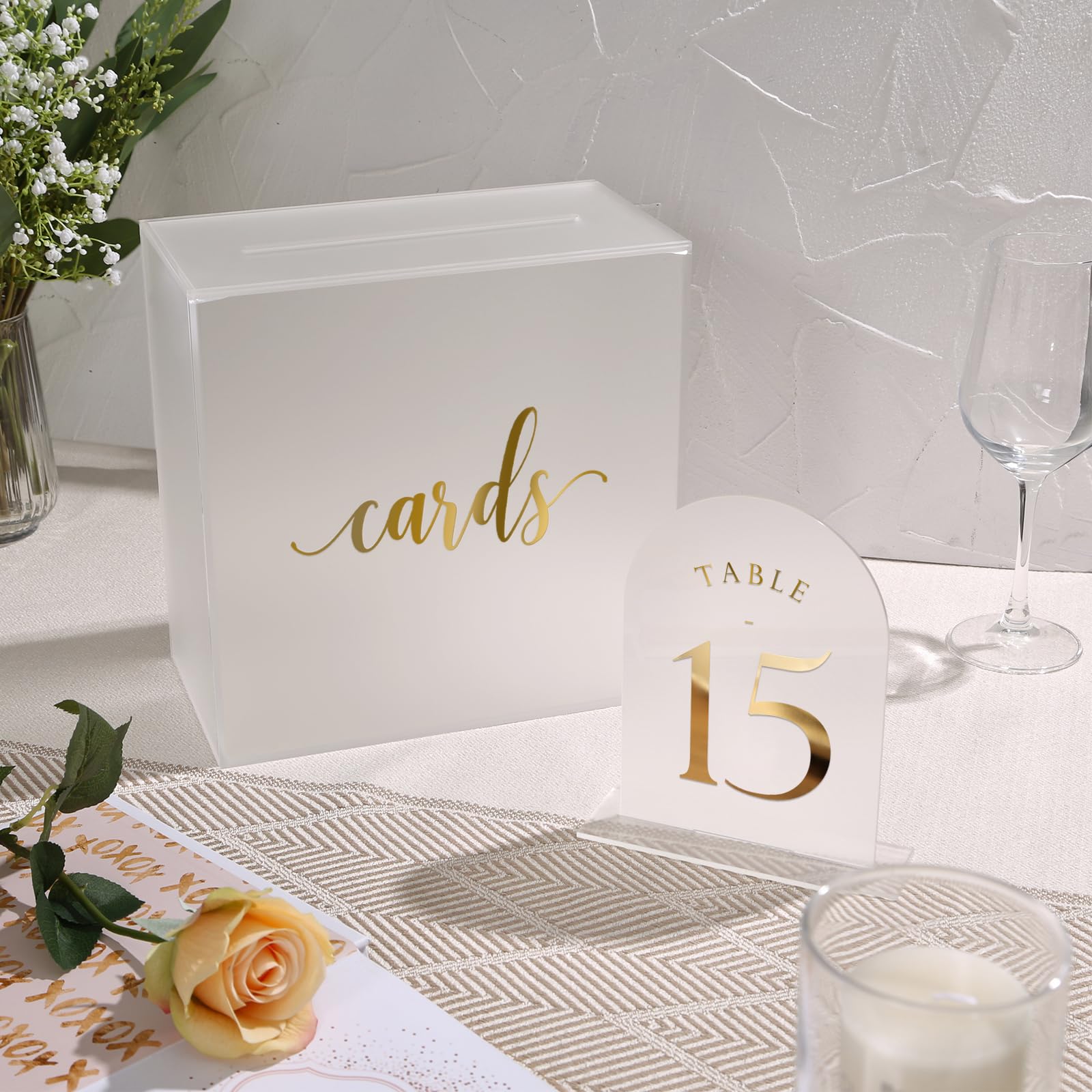 UNIQOOO Frosted Arch Wedding Table Numbers with Stands 1-15, Gold Foil Printed 5x7 Acrylic Signs and Holders, Perfect for Centerpiece, Reception, Decoration, Party, Anniversary, Event