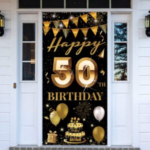 htdzzi 50th birthday door banner, happy 50th birthday decorations men women, 50 years old birthday backdrop photo booth props, black gold 50 birthday party yard sign decor for outdoor indoor sturdy