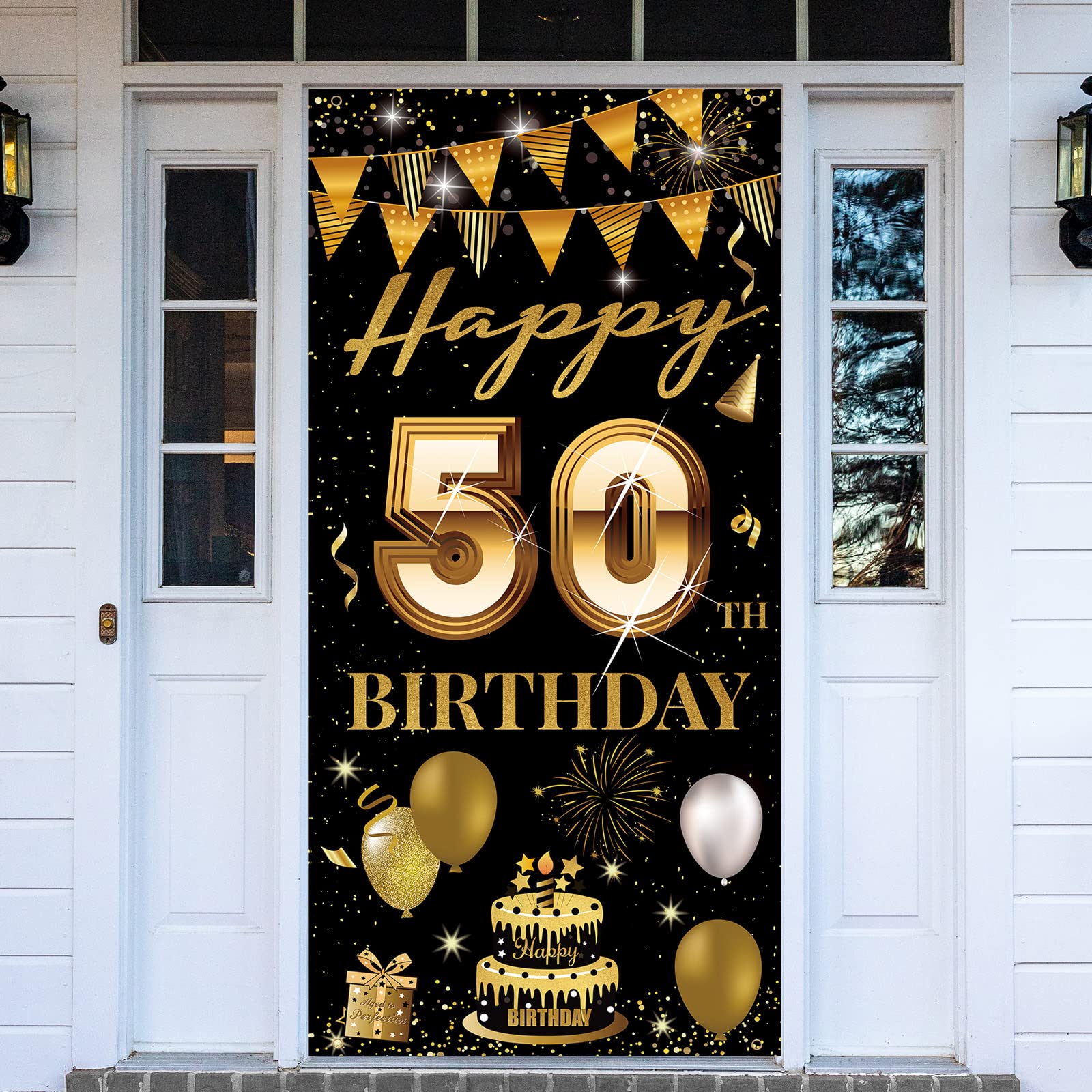 HTDZZI 50th Birthday Door Banner, Happy 50th Birthday Decorations Men Women, 50 Years Old Birthday Backdrop Photo Booth Props, Black Gold 50 Birthday Party Yard Sign Decor for Outdoor Indoor Sturdy