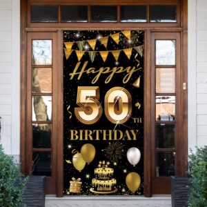 HTDZZI 50th Birthday Door Banner, Happy 50th Birthday Decorations Men Women, 50 Years Old Birthday Backdrop Photo Booth Props, Black Gold 50 Birthday Party Yard Sign Decor for Outdoor Indoor Sturdy
