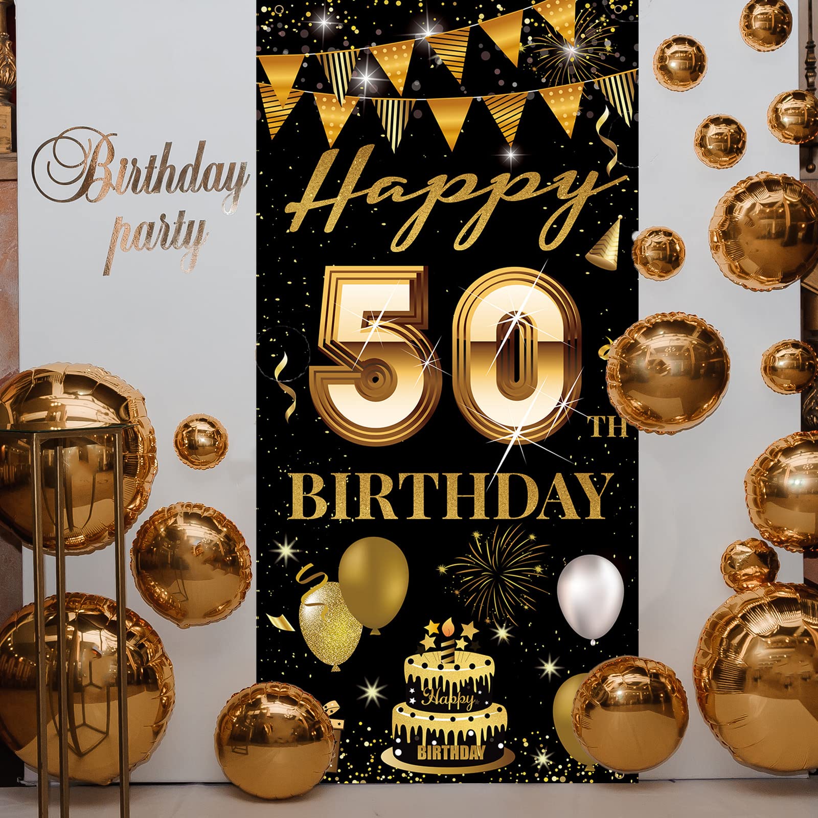 HTDZZI 50th Birthday Door Banner, Happy 50th Birthday Decorations Men Women, 50 Years Old Birthday Backdrop Photo Booth Props, Black Gold 50 Birthday Party Yard Sign Decor for Outdoor Indoor Sturdy