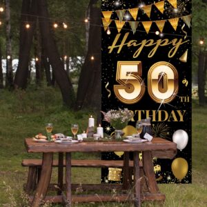 HTDZZI 50th Birthday Door Banner, Happy 50th Birthday Decorations Men Women, 50 Years Old Birthday Backdrop Photo Booth Props, Black Gold 50 Birthday Party Yard Sign Decor for Outdoor Indoor Sturdy